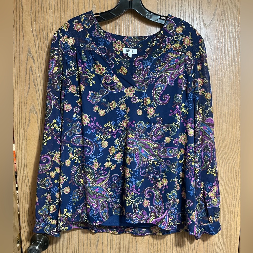 EUC Navy Blouse with Paisley Print, Long Sleeves and V Neck